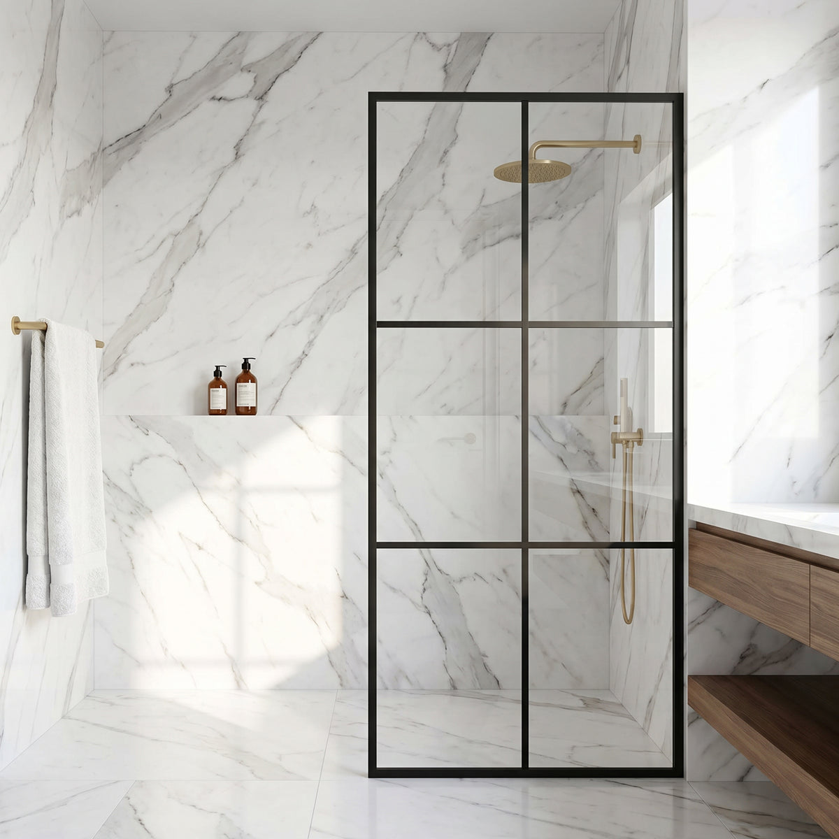 Ventana 34 in. W x 74 in. H Framed Fixed Shower Screen Door and Meridian 4-Piece Bath Hardware Set in Matte Black