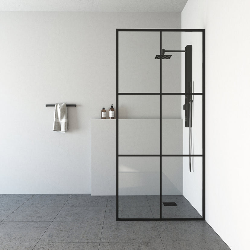 Ventana 34 in. W x 74 in. H Framed Fixed Shower Screen Door and Meridian 4-Piece Bath Hardware Set in Matte Black