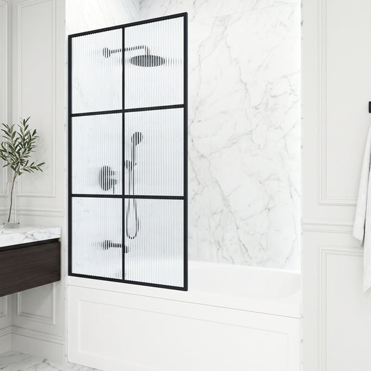VIGO Meridian Ventana 34 x 62 in. Matte Black Framed Fixed Tub Screen with Clear/Fluted Tempered Glass