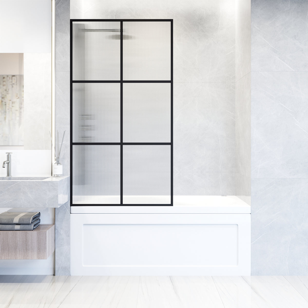 VIGO Meridian Ventana 34 x 62 in. Matte Black Framed Fixed Tub Screen with Clear/Fluted Tempered Glass