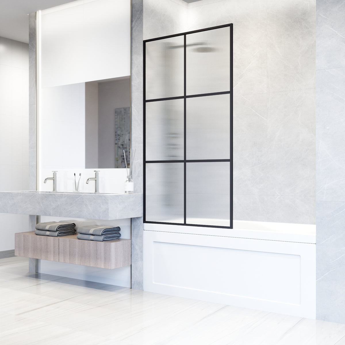 VIGO Meridian Ventana 34 x 62 in. Matte Black Framed Fixed Tub Screen with Clear/Fluted Tempered Glass