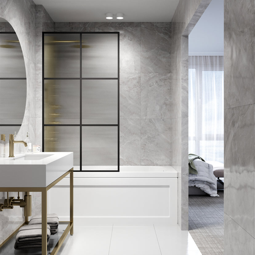 VIGO Meridian Ventana 34 x 62 in. Matte Black Framed Fixed Tub Screen with Clear/Fluted Tempered Glass
