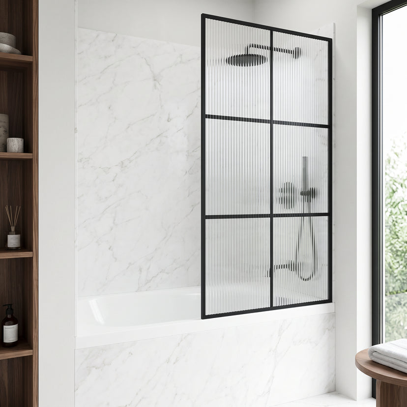 VIGO Meridian Ventana 34 x 62 in. Matte Black Framed Fixed Tub Screen with Clear/Fluted Tempered Glass