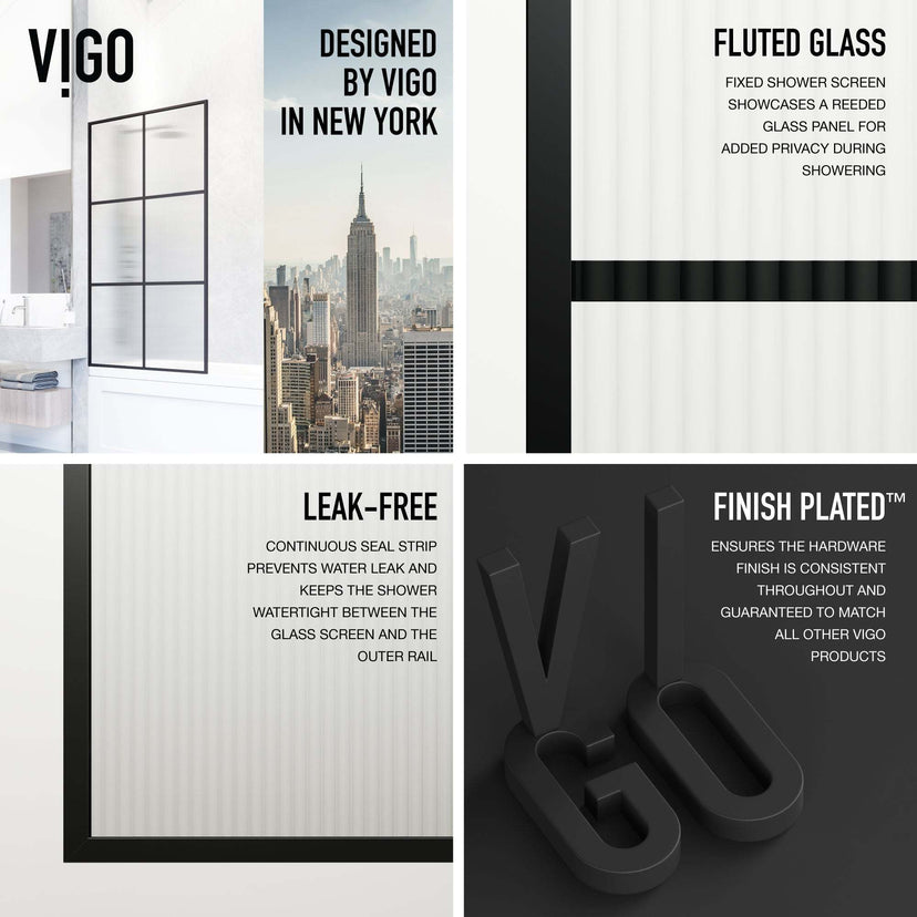 VIGO Meridian Ventana 34 x 62 in. Matte Black Framed Fixed Tub Screen with Clear/Fluted Tempered Glass