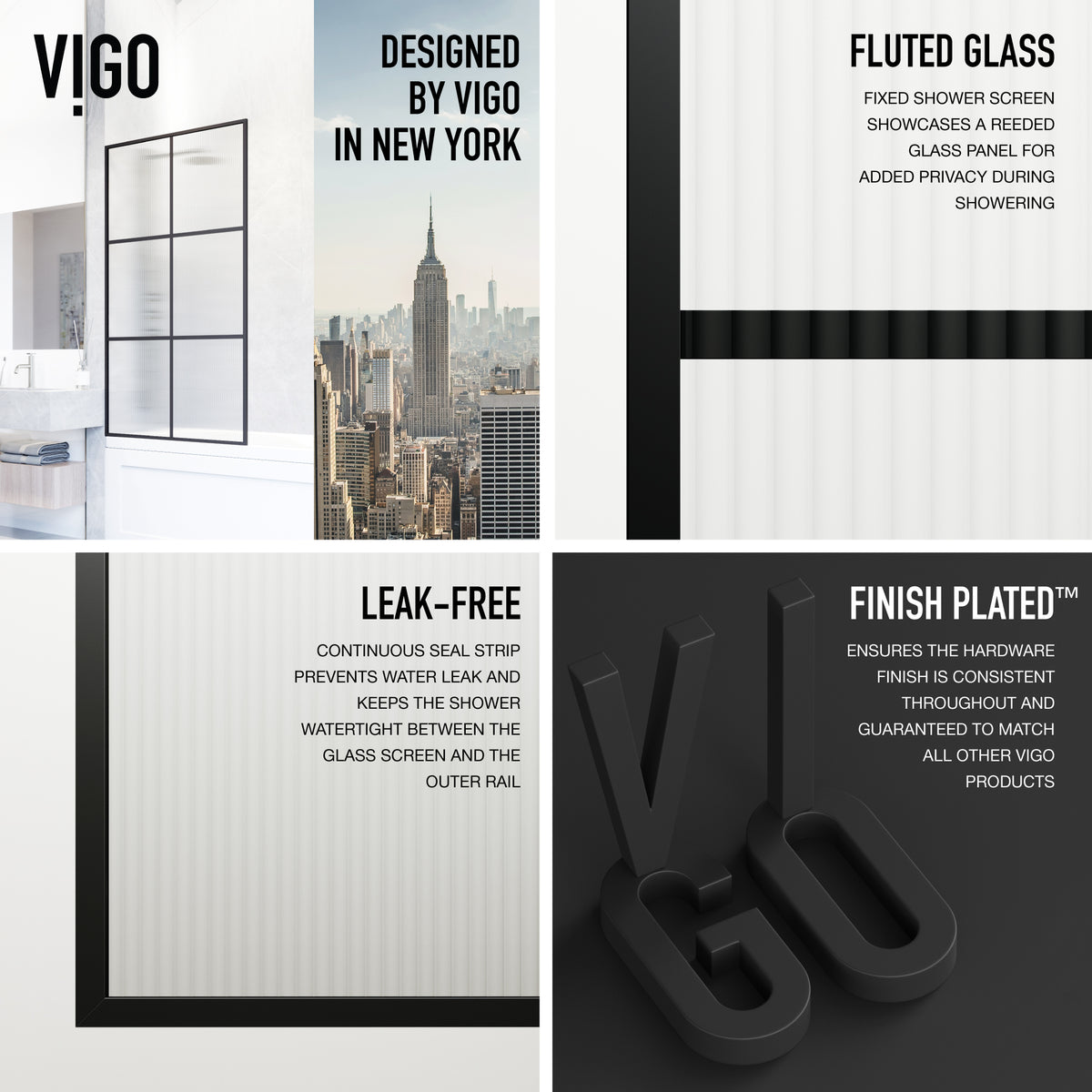 VIGO Meridian Ventana 34 x 62 in. Matte Black Framed Fixed Tub Screen with Clear/Fluted Tempered Glass