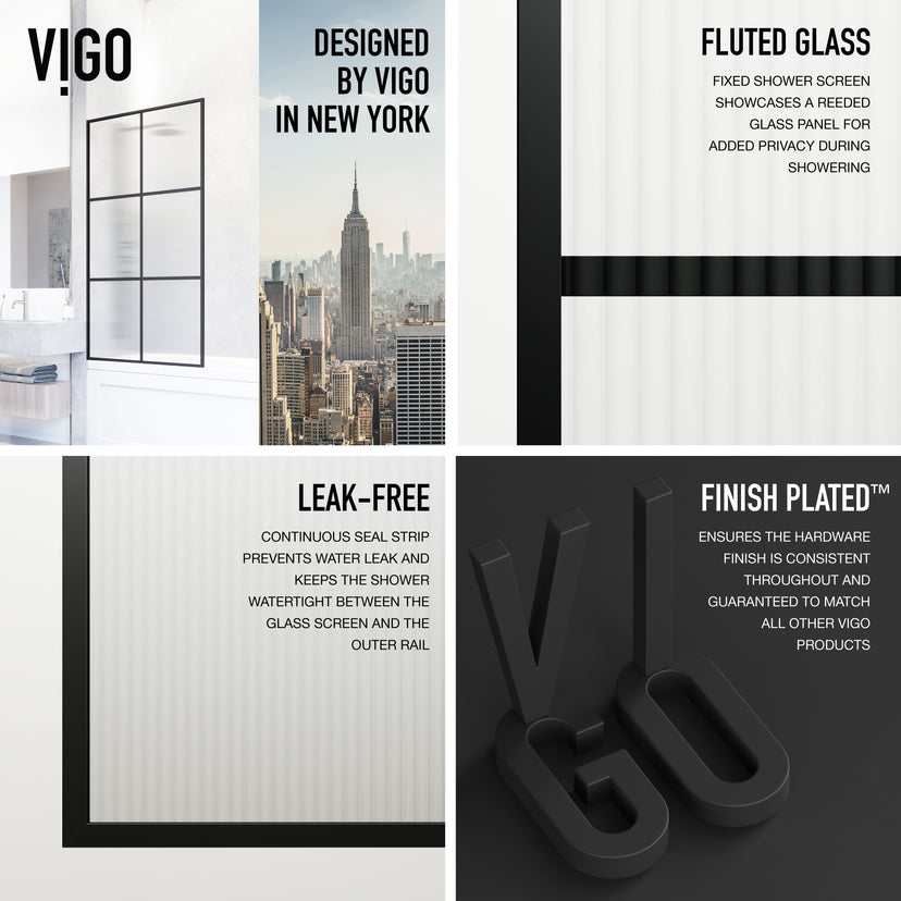 VIGO Meridian Ventana 34 x 62 in. Matte Black Framed Fixed Tub Screen with Clear/Fluted Tempered Glass