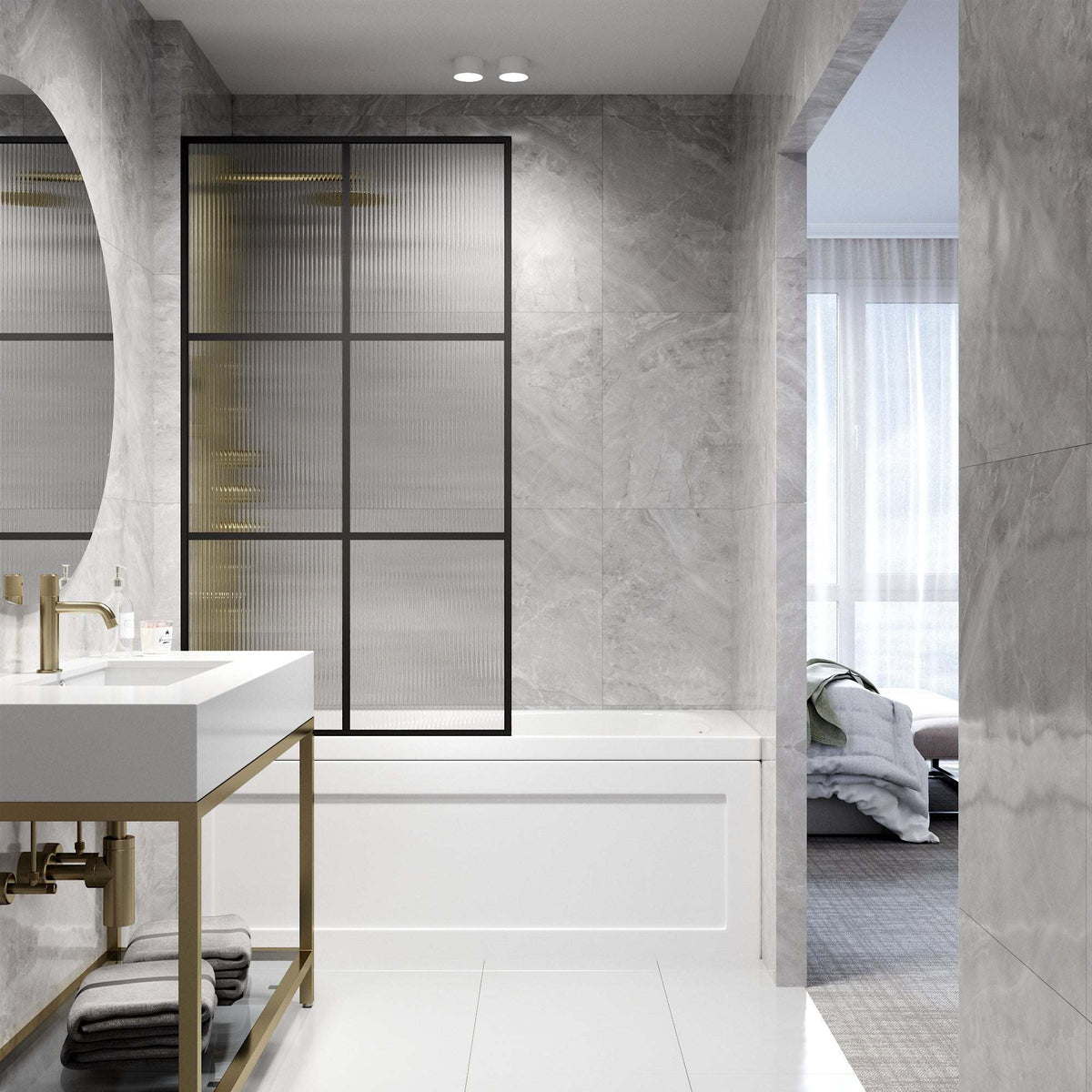 VIGO Meridian Ventana 34 x 62 in. Matte Black Framed Fixed Tub Screen with Clear/Fluted Tempered Glass