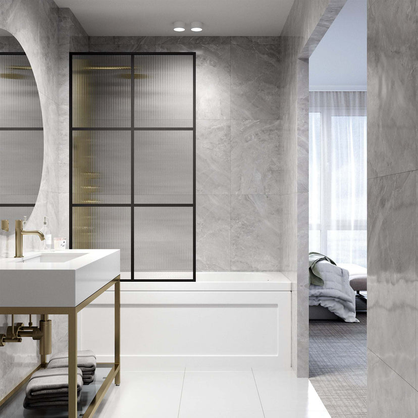 VIGO Meridian Ventana 34 x 62 in. Matte Black Framed Fixed Tub Screen with Clear/Fluted Tempered Glass