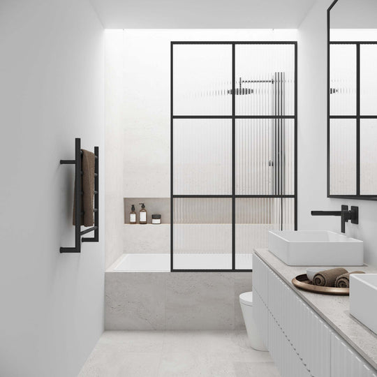 VIGO Meridian Ventana 34 x 62 in. Matte Black Framed Fixed Tub Screen with Clear/Fluted Tempered Glass
