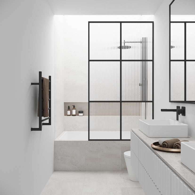 VIGO Meridian Ventana 34 x 62 in. Matte Black Framed Fixed Tub Screen with Clear/Fluted Tempered Glass