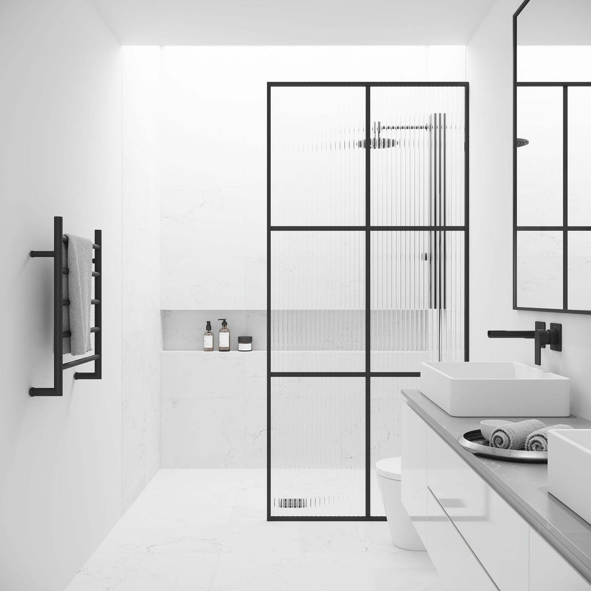 Assembled 74-inch shower screen with matte black frame and fluted tempered glass