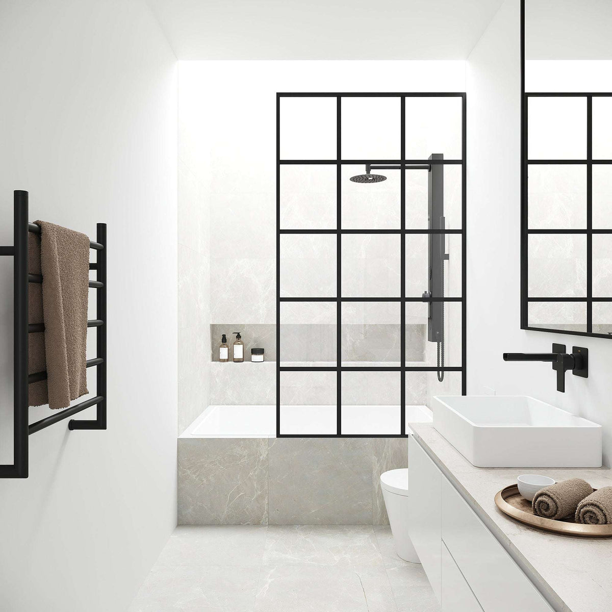 Matte black framed fixed tub screen with fluted tempered glass, 34 x 62 inches