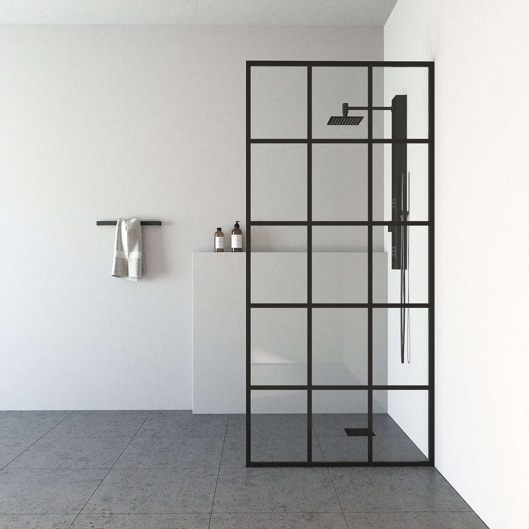 Matte black framed shower screen with clear tempered glass and stainless steel hardware
