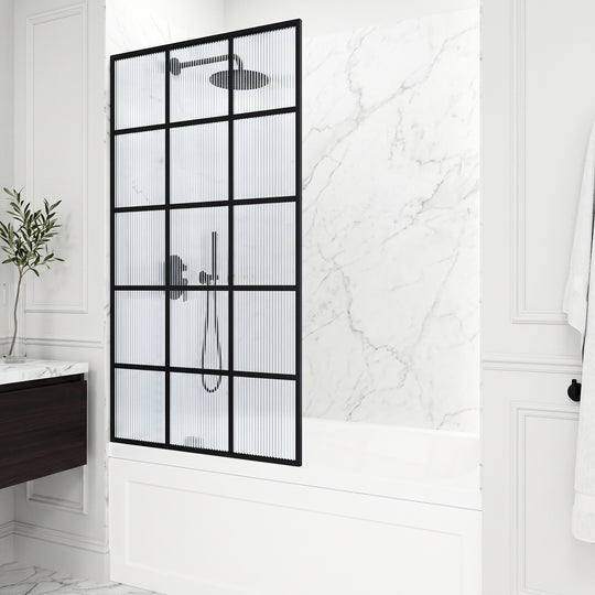 VIGO Meridian 34 x 62 in. Matte Black Framed Fixed Tub Screen with Clear/Fluted Tempered Glass