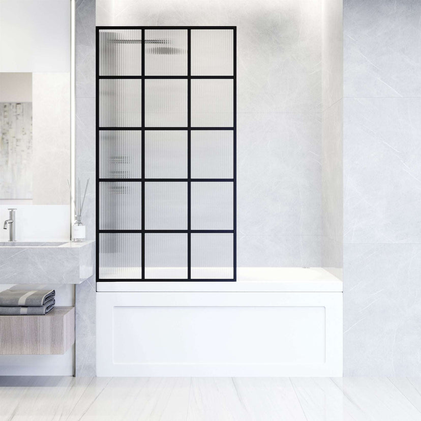 VIGO Meridian matte black framed tub screen with 34x62 in. fluted tempered glass