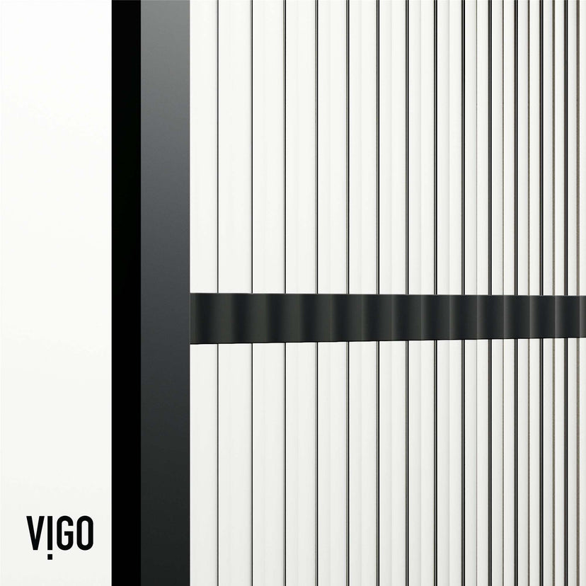 VIGO Meridian matte black framed fixed tub screen with clear fluted tempered glass, 34x62 inches