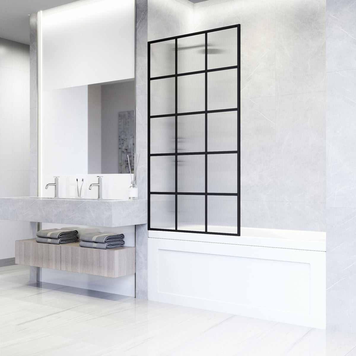 VIGO Meridian 34 x 62 in. Matte Black Framed Fixed Tub Screen with Clear/Fluted Tempered Glass