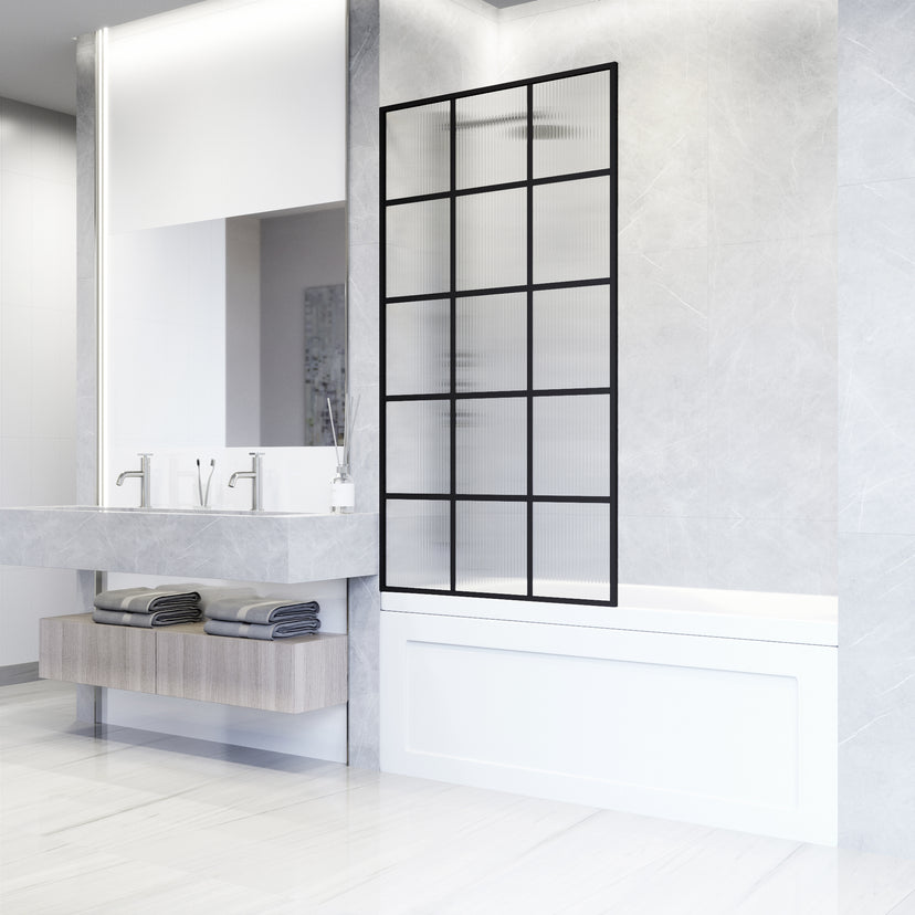 VIGO Meridian 34 x 62 in. Matte Black Framed Fixed Tub Screen with Clear/Fluted Tempered Glass