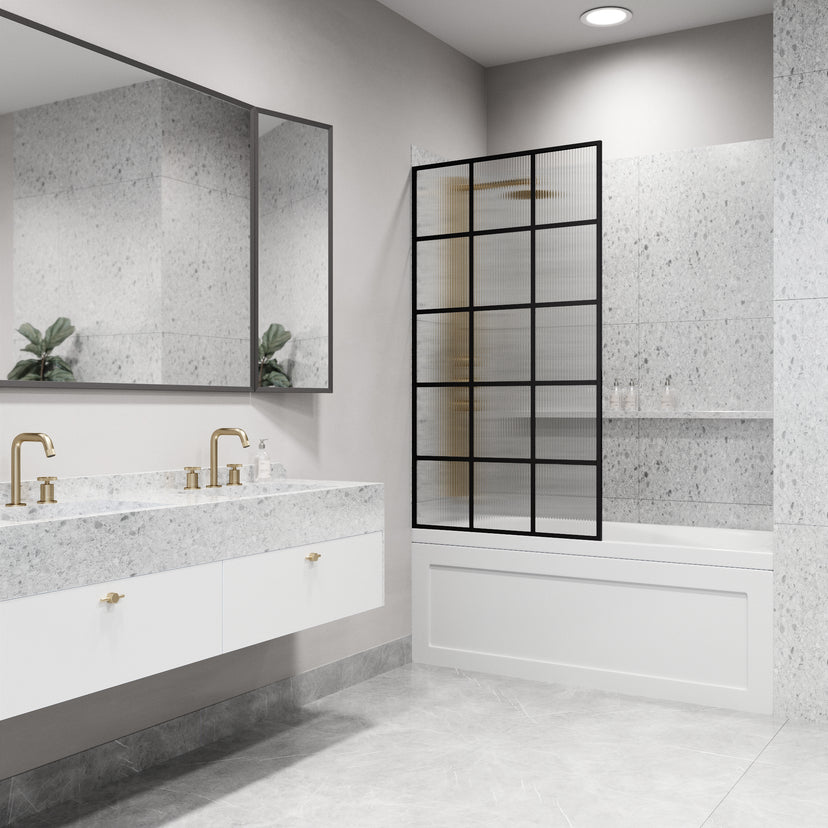 VIGO Meridian 34 x 62 in. Matte Black Framed Fixed Tub Screen with Clear/Fluted Tempered Glass