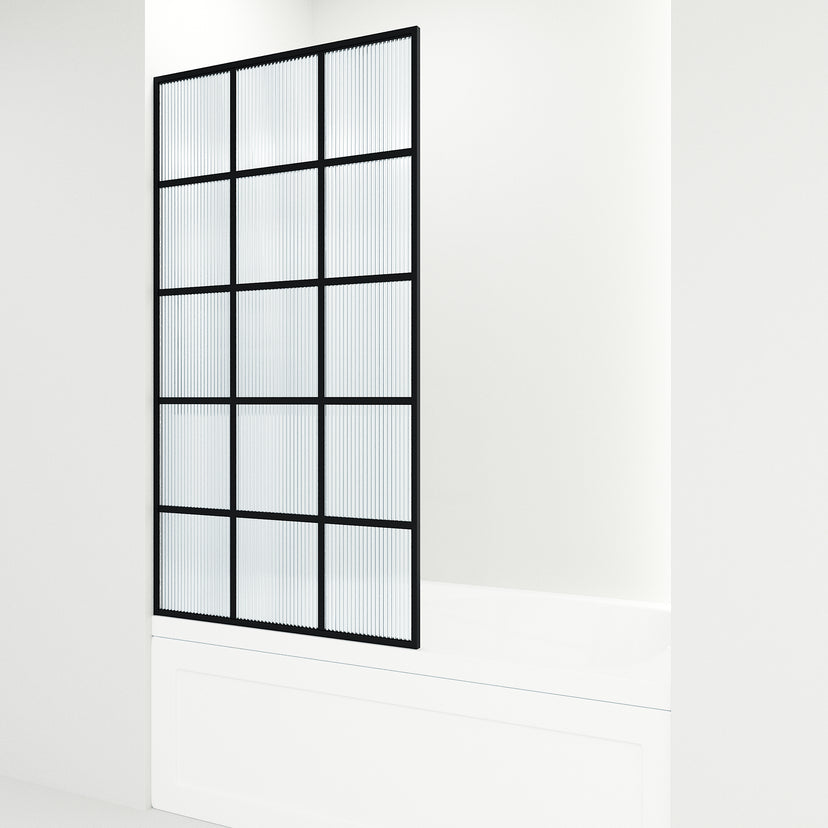 VIGO Meridian 34 x 62 in. Matte Black Framed Fixed Tub Screen with Clear/Fluted Tempered Glass