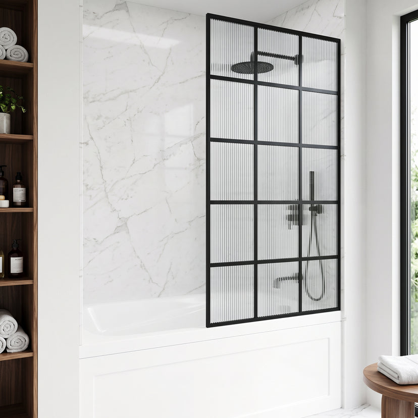 VIGO Meridian 34 x 62 in. Matte Black Framed Fixed Tub Screen with Clear/Fluted Tempered Glass