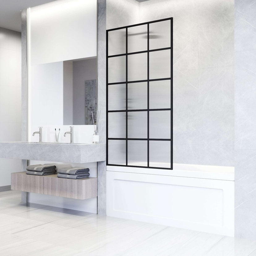 Matte black framed fixed tub screen with fluted tempered glass, 34 x 62 inches, VIGO Meridian model