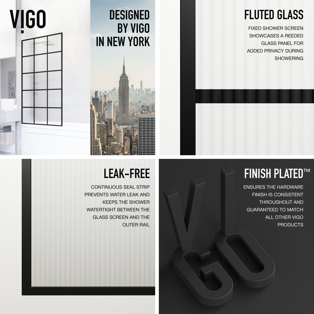 VIGO Meridian 34 x 62 in. Matte Black Framed Fixed Tub Screen with Clear/Fluted Tempered Glass