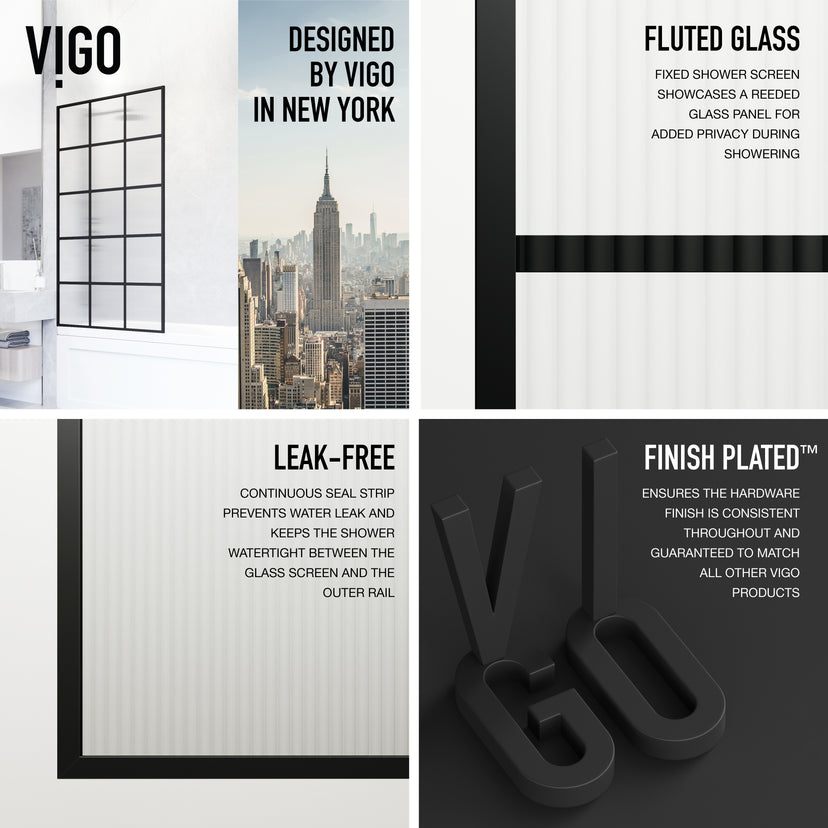VIGO Meridian 34 x 62 in. Matte Black Framed Fixed Tub Screen with Clear/Fluted Tempered Glass