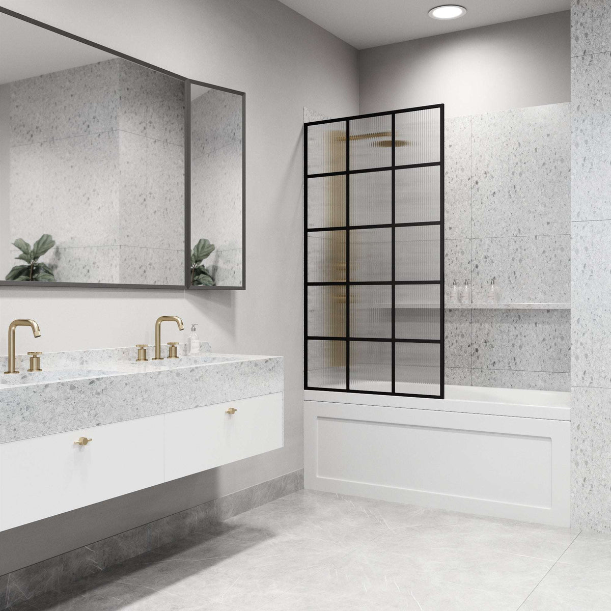 VIGO Meridian 34x62 inch matte black framed fixed tub screen with fluted tempered glass for privacy and light diffusion