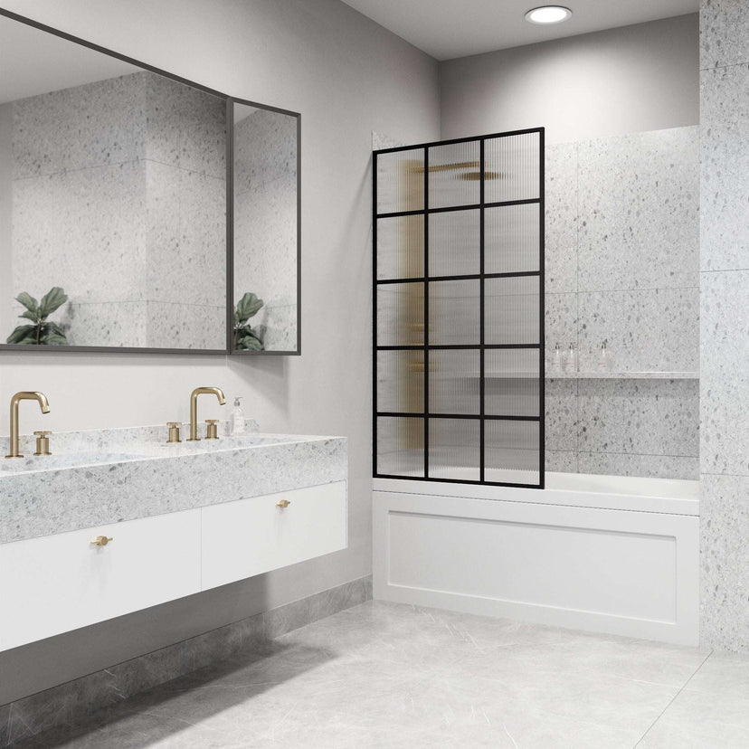 VIGO Meridian 34x62 inch matte black framed fixed tub screen with fluted tempered glass for privacy and light diffusion