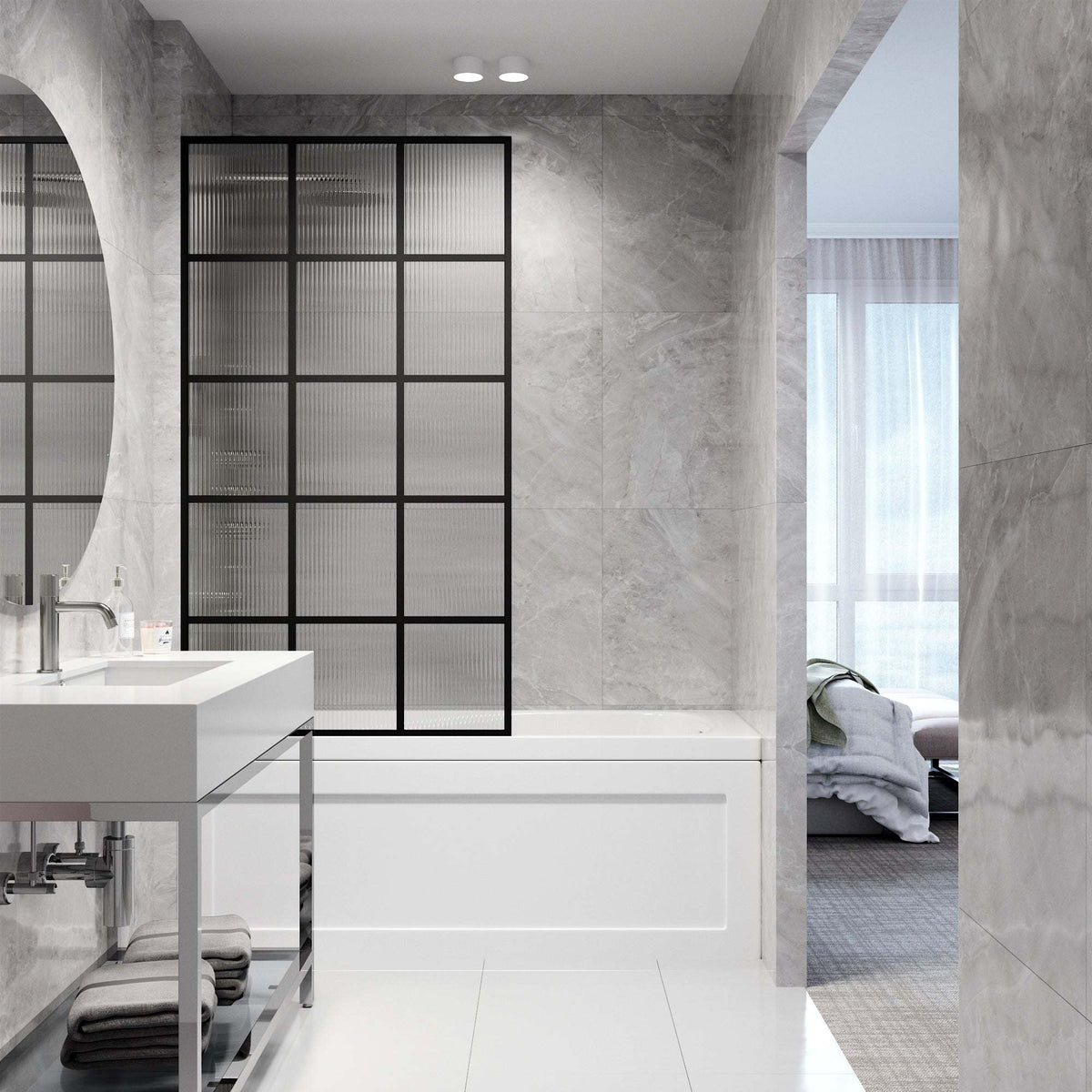 VIGO Meridian 34x62 in matte black framed fixed tub screen with fluted tempered glass