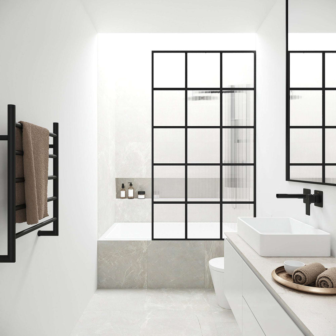 VIGO Meridian matte black framed fixed tub screen with fluted tempered glass 34x62 inches