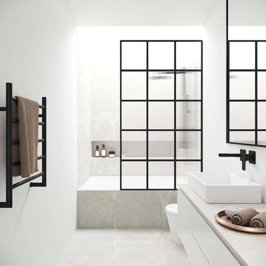 VIGO Meridian matte black framed fixed tub screen with fluted tempered glass 34x62 inches