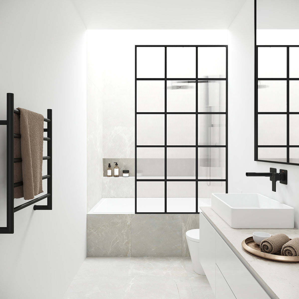 VIGO Meridian 34 x 62 in. Matte Black Framed Fixed Tub Screen with Clear/Fluted Tempered Glass