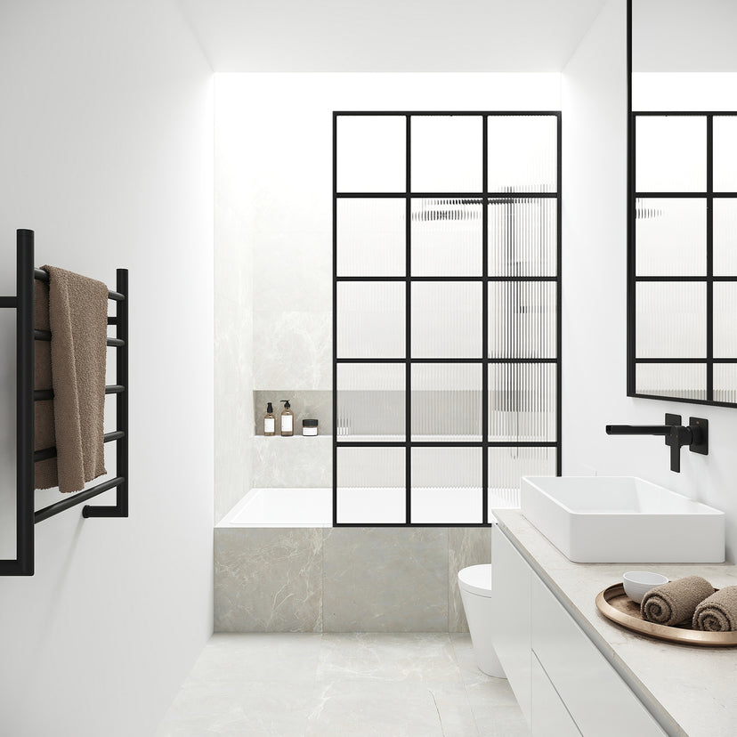 VIGO Meridian 34 x 62 in. Matte Black Framed Fixed Tub Screen with Clear/Fluted Tempered Glass