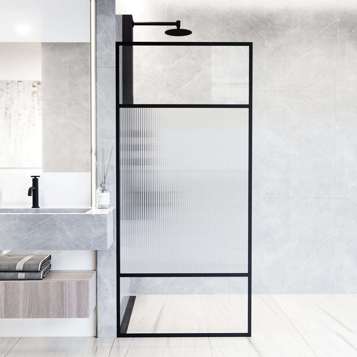 Modern framed shower screen with matte black finish and fluted glass