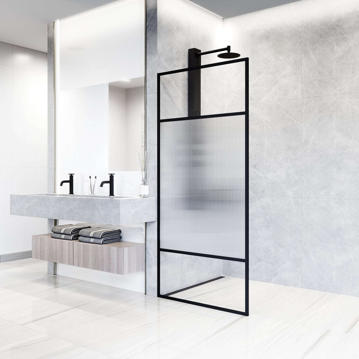 Tempered fluted glass shower door with stainless steel hardware