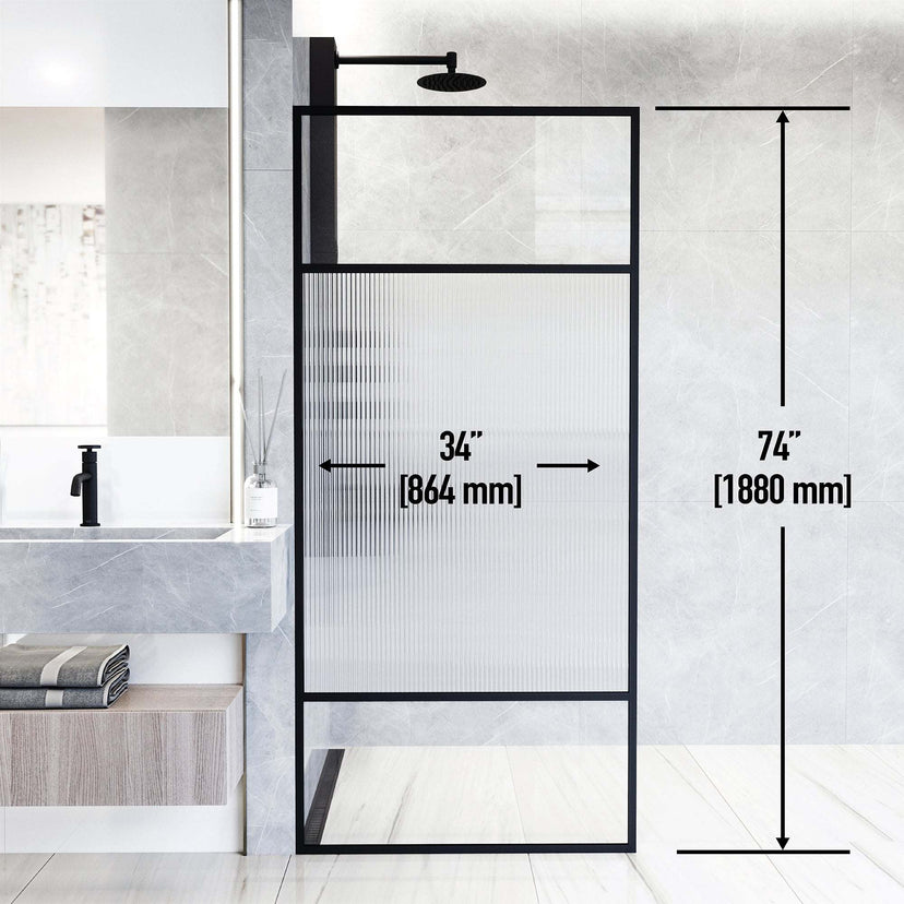 Reversible installation shower screen in matte black frame and fluted glass