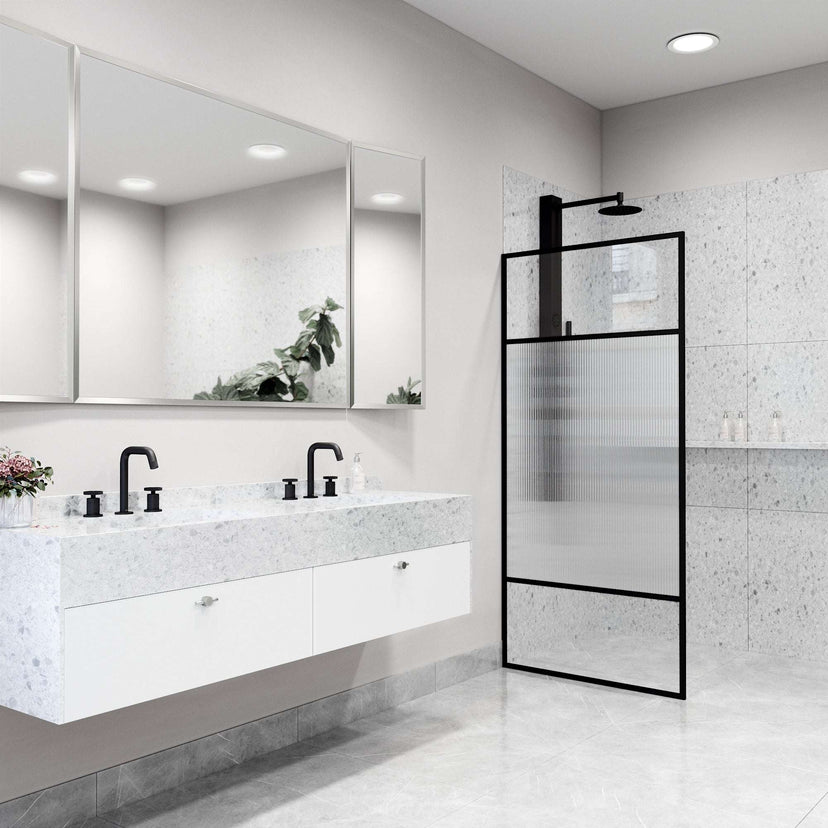 Contemporary framed shower screen featuring tempered fluted striped glass