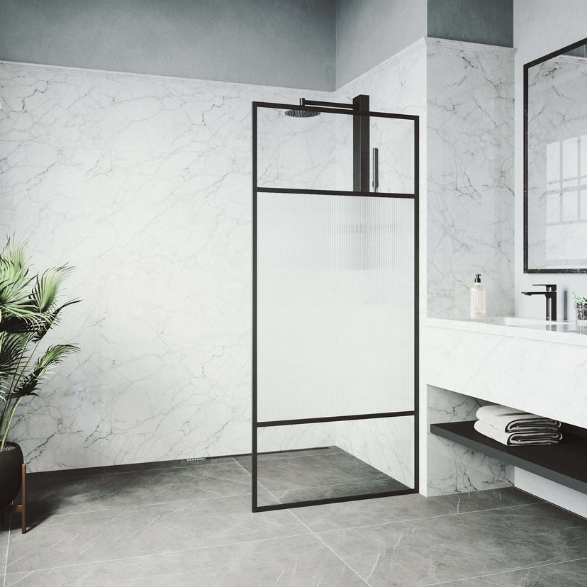 Matte black framed shower door with stainless steel components
