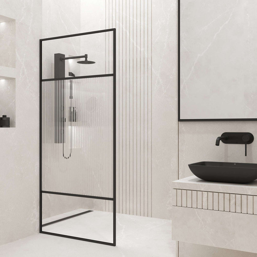 Reversible door shower screen with fluted striped glass and matte black finish