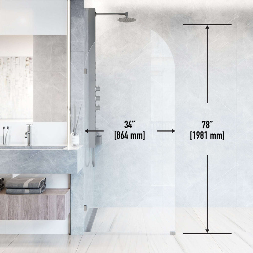 Modern chrome shower screen, frameless, clear glass, stainless steel hardware