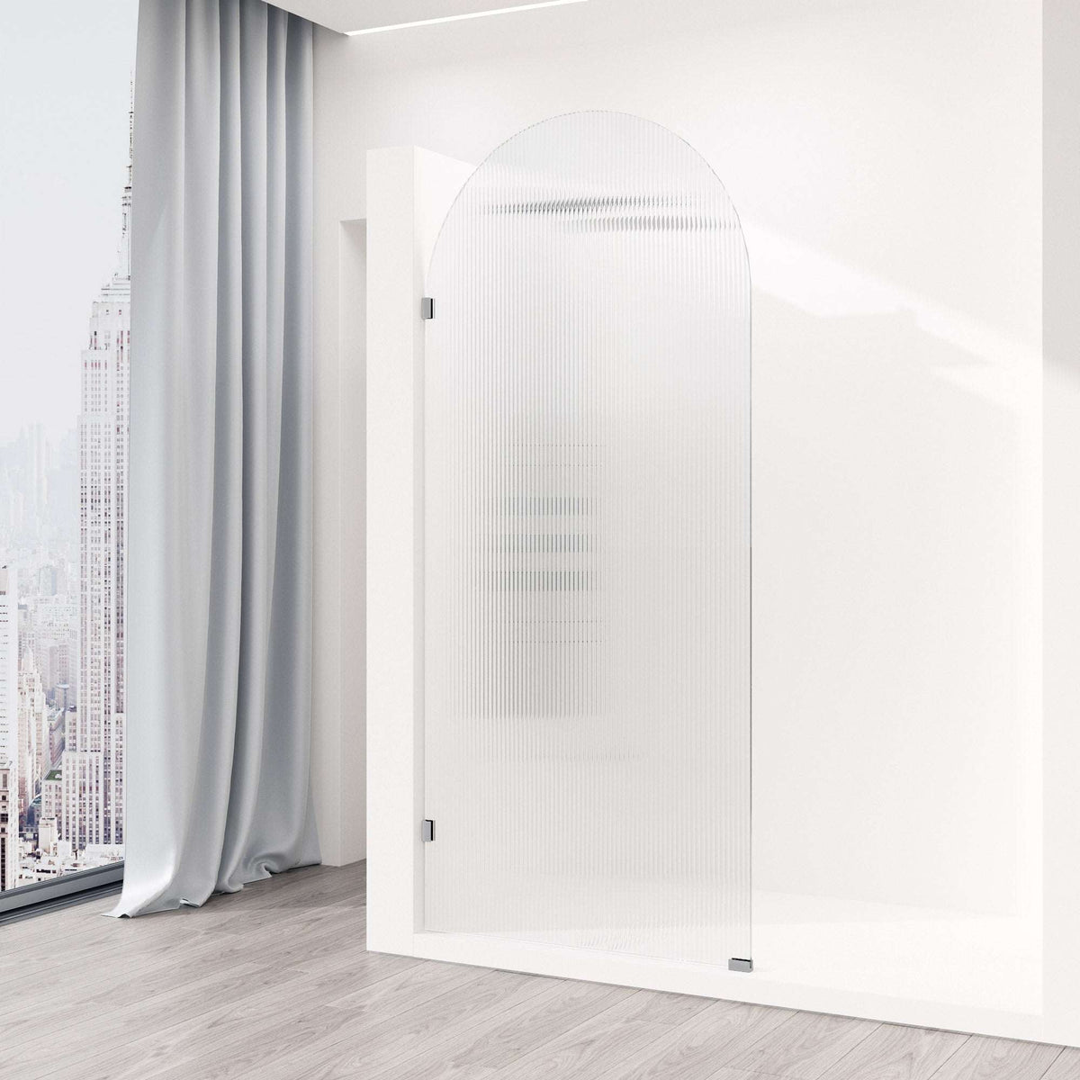 Chrome frameless shower screen with fluted tempered glass, modern style