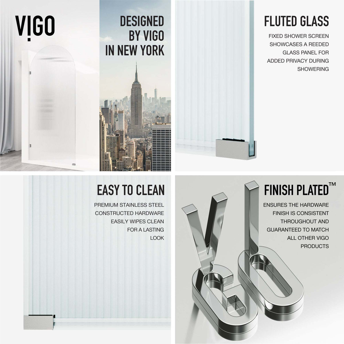 Modern chrome shower screen, fluted glass, stainless steel hardware, 78-inch