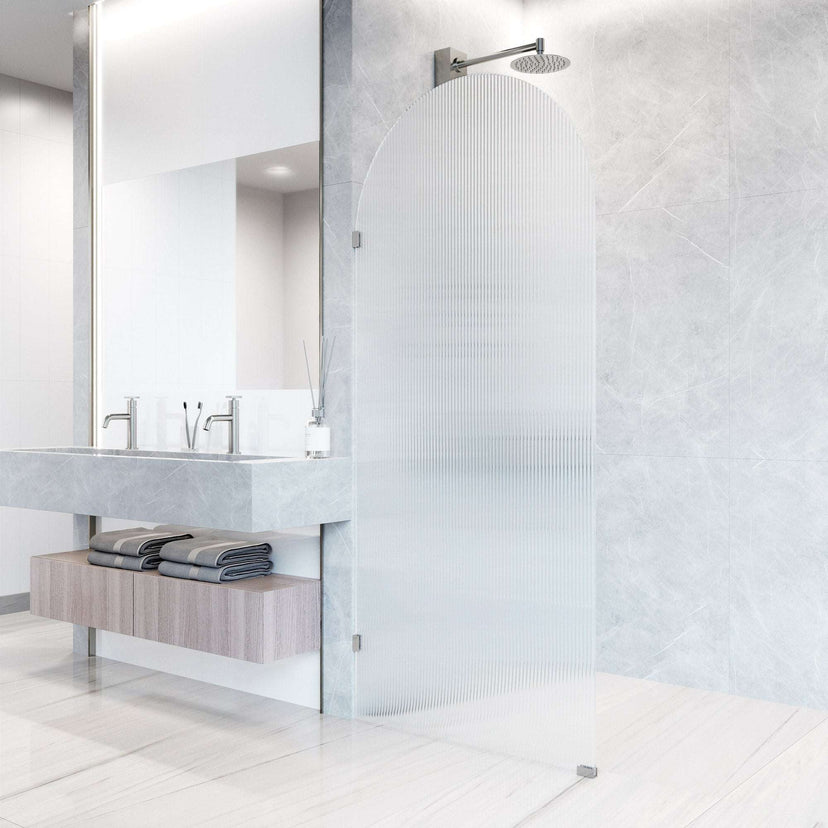 Chrome shower screen, fluted tempered glass, frameless, reversible door