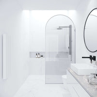 Chrome shower screen, fluted glass, frameless, fixed, stainless steel hardware
