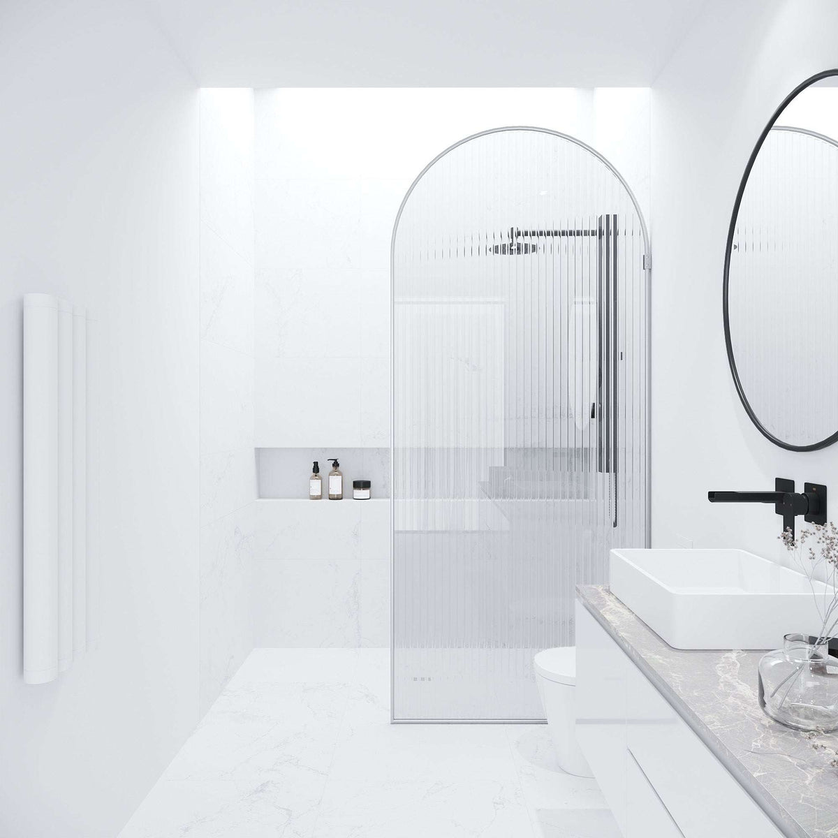 Chrome shower screen, fluted glass, frameless, fixed, stainless steel hardware