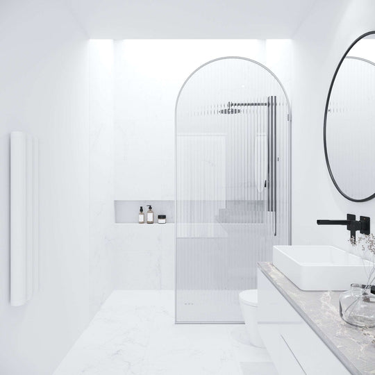 Chrome shower screen, fluted glass, frameless, fixed, stainless steel hardware