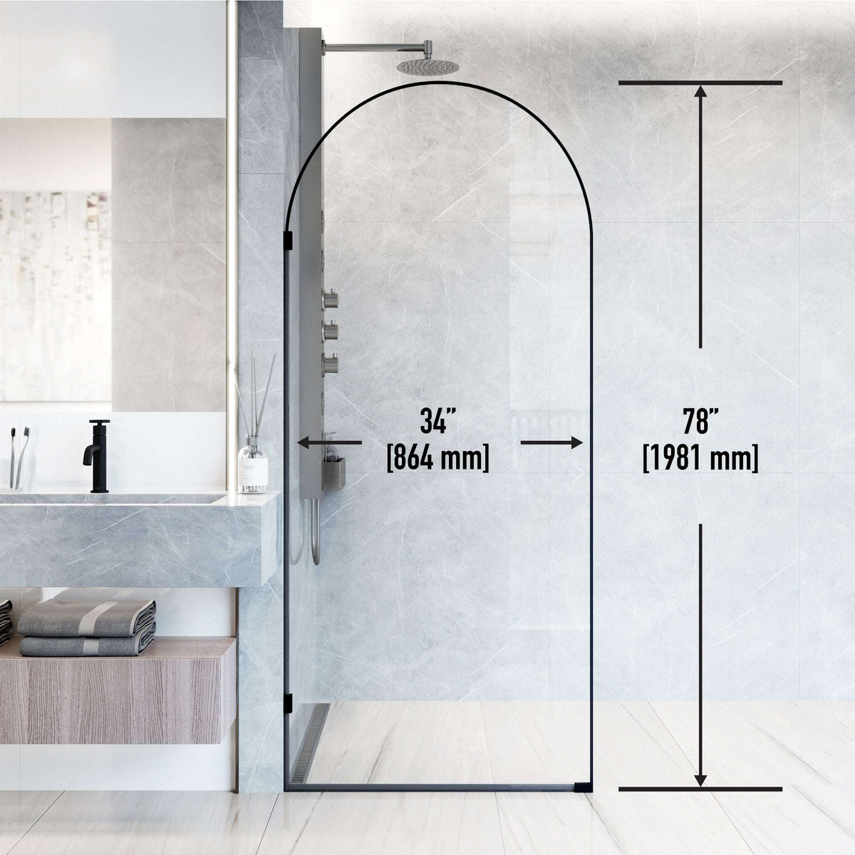 Framed shower screen, matte black, clear glass, fixed installation, 78-inch