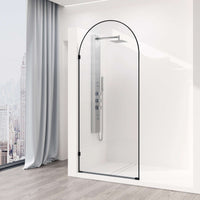 Clear glass shower screen, matte black frame, fixed opening, reversible door